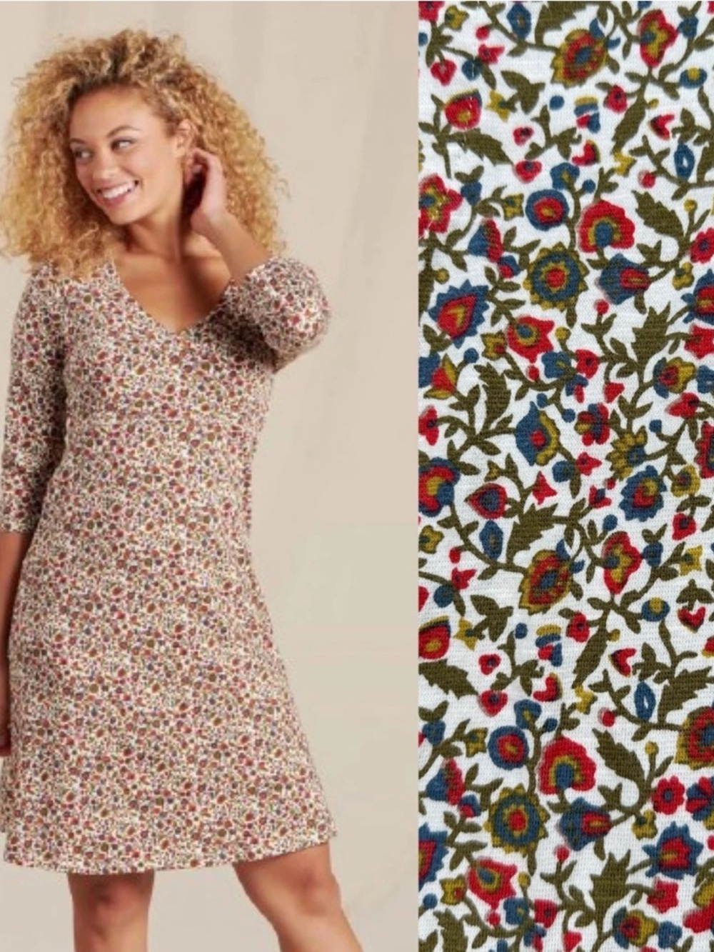Toad&Co Organic Cotton Floral Rosalinda Dress A-Line V-Neck in Salt Vine Large